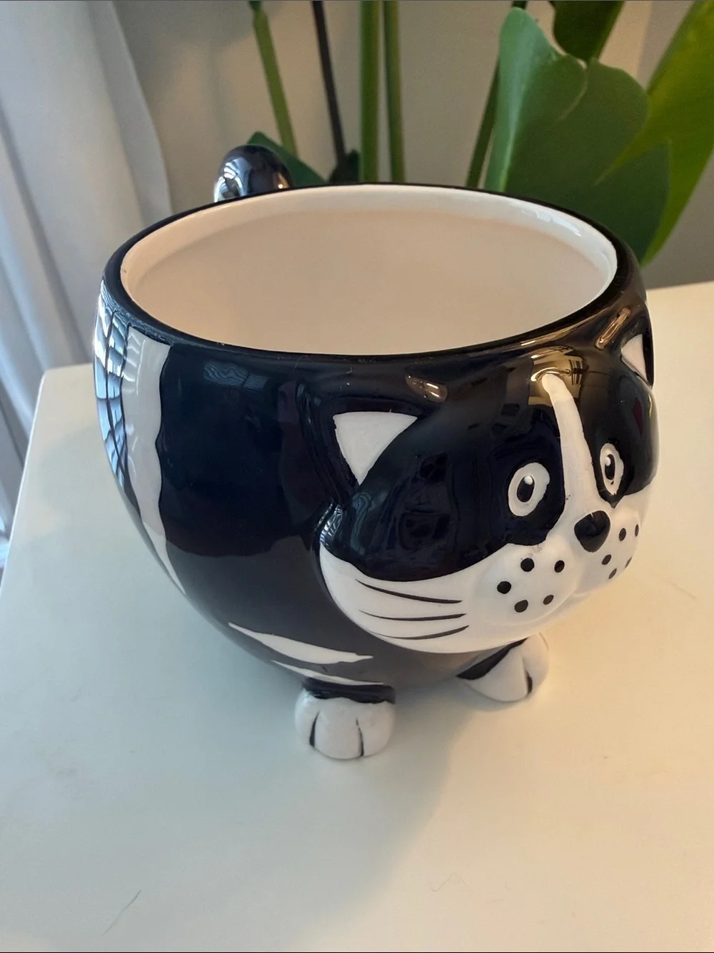 Chubby Cat Mug Pier 1 Imports Black & White Coffee Cup Hand Painted 12 oz